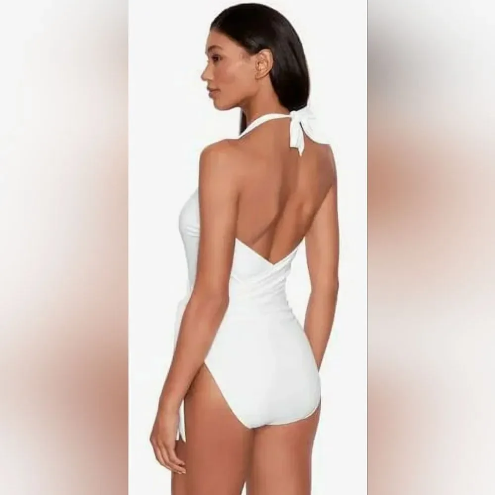 Lauren Ralph Lauren Beach Club Halter Wrap One-Piece Swimsuit NWOT Sz 16 White